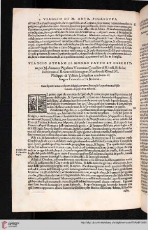 Viaggio atorno il mondo fatto et descritto per M. Antonio Pigafetta Vicentino Cauallier di Rhodi [...]