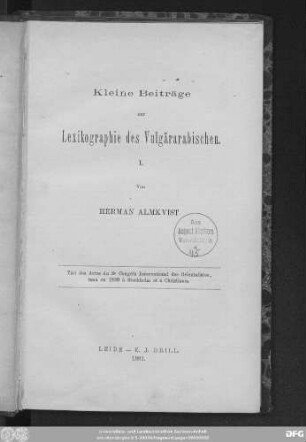 1: Kleine Beiträge zur Lexikographie des Vulgärarabischen