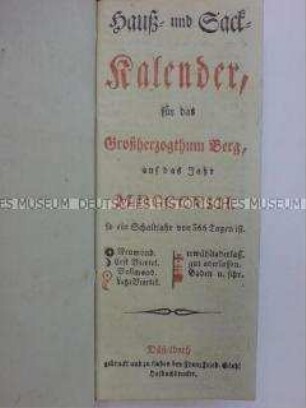 Taschenkalender auf das Jahr 1808 für das Großherzogtum Berg