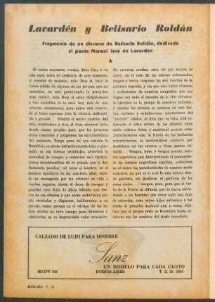 Lavardén y Belisario Roldán : Fragmento de undiscurso de Belisario Roldán, dedicado al poeta Manuel José de Lavardén