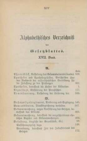 Alphabetisches Verzeichniß des Gesetzblattes. XVII. Band