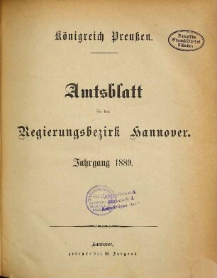 Amtsblatt für den Regierungsbezirk Hannover. 1889