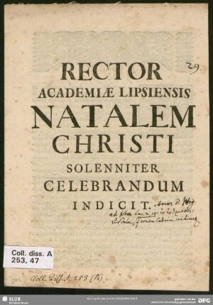 Rector Academiae Lipsiensis Natalem Christi Solenniter Celebrandum Indicit
