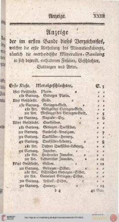 Anzeige der im ersten Bande [...] enthaltenen Foßilien, Geschlechter, Gattungen und Arten