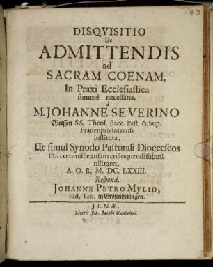Disquisitio De Admittendis ad Sacram Coenam, In Praxi Ecclesiastica summe necessaria