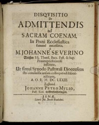 Disquisitio De Admittendis ad Sacram Coenam, In Praxi Ecclesiastica summe necessaria
