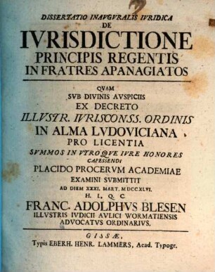 Dissertatio Inavgvralis Ivridica De Ivrisdictione Principis Regentis In Fratres Apanagiatos