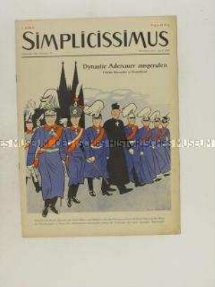 Satirezeitschrift "Simplicissimus" mit einer Karikatur auf die Regierung Adenauer auf dem Titelblatt