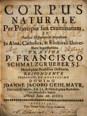 Corpus Naturale Per Principia sua examinatum