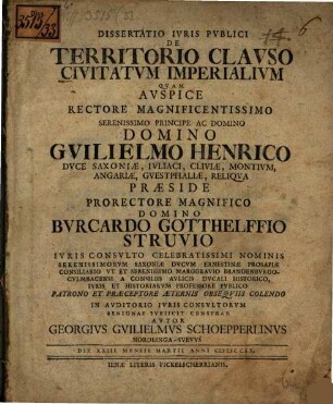 Dissertatio Iuris Publici De Territorio Clauso Civitatum Imperialum