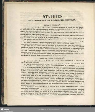 Statuten der Gesellschaft der Zarskoe-Selo Eisenbahn