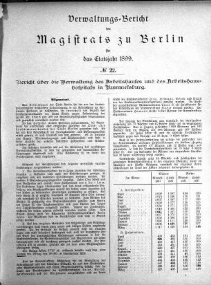 No. 22. Bericht über die Verwaltung des Arbeitshauses und des Arbeitshaushospitals in Rummelsburg