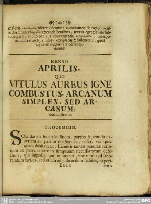 Mensis Aprilis, Quo Vitulus Aureus Igne Combustus, Arcanum Simplex, Sed Arcanum, demonstratur