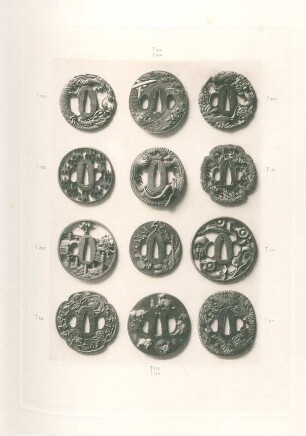 [Twelve Tsuba. (Nos. 120, 210, 230, 256, 267, 362, 447, 459, 500, 517, 552, 578)]