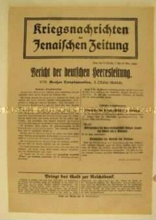 Nachrichtenblatt der "Jenaischen Zeitung" mit Nachrichten von verschiedenen Fronten