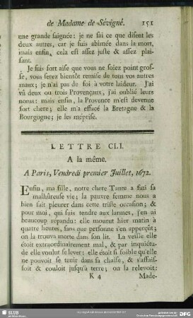 Lettre CLI. A la même. A Paris, Vendredi premier Juillet, 1672
