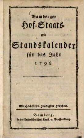 Bamberger Hofkalender : für das Jahr .... 1798, 1798