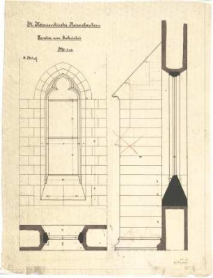 Schmidt, Heinrich von; Kaiserslautern; Marienkirche - Fenster zur Sakristei (Grundriss, Aufriss, Schnitt)