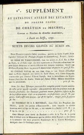 Suppl. 1: 1er. Supplément Au Catalogue Abrégé Des Estampes Du Propre Fonds De Chrétien De Mechel, Graveur et Membre de diverses Académies.