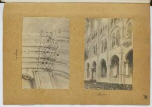 Kathedrale, Noyon / Kathedrale, Laon: Detail Noyon, Innenansicht Laon (aus: Skizzen- und Fotoalbum 10)