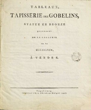 Tableaux, tapisserie des gobelins, statue en bronze provenant de la gallerie de la Malmaison à vendre