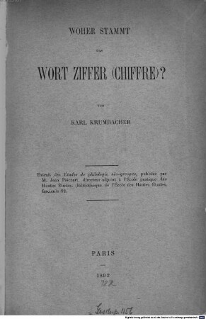 Woher stammt das Wort Ziffer (Chiffre)? : Extrait des Études de philologie néo-grecque, publiées par M. Jean Psichari. (Bibliothèque de l'École des Hautes Études, fascicule 92)