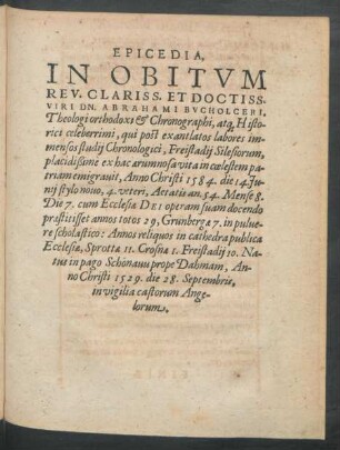 Epicedia, In Obitum ... Dn. Abraham Bucholceri ...