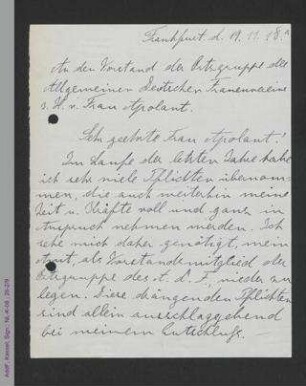 Brief von Hulda Luppe an den Vorstand der Ortsgruppe Frankfurt des ADF, z.H. Jenny Apolant