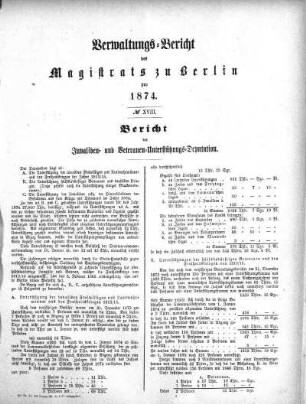No. XVIII. Bericht der Invaliden- und Veteranen-Unterstützungs-Deputation