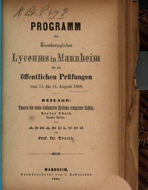 Programm des Grossherzoglichen Lyceums zu Mannheim, 1868