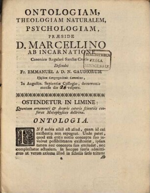 Ontologiam, theologiam naturalem, psychologiam