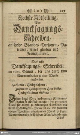 Sechste Abtheilung, Von Dancksagungs-Schreiben, an hohe Standes-Personen, Patronen, seines gleichen und Frauenzimmer