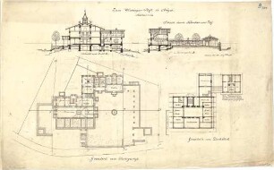 Thiersch, August ; Anger (Bayern); Wieninger Stift, Projekt - Grundriss UG, Grundriss DG, Schnitte