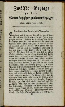 Zwölfte Beylage zu den Leipziger gelehrten Anzeigen - Zum 15ten Jun. 1796.