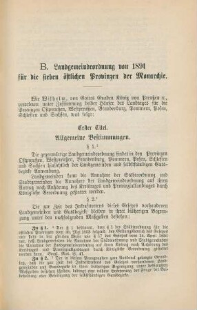 B. Landgemeindeordnung von 1891 für die sieben östlichen Provinzen der Monarchie.