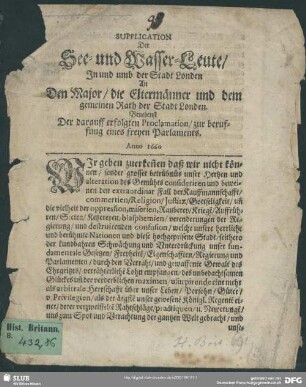Supplication der See- und Wasser-Leute in und umb der Stadt London an den ... Rath der Stadt ...
