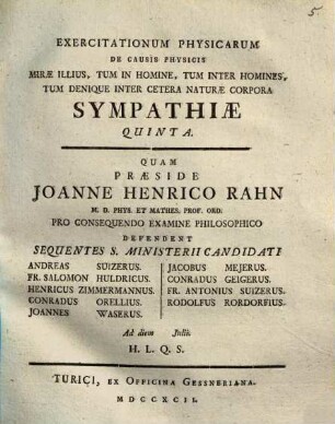 Exercitationum physicar. de causis physicis mirae illius, tum in homine, tum inter homines, tum denique inter cetera naturae corpora sympathiae, Quinta