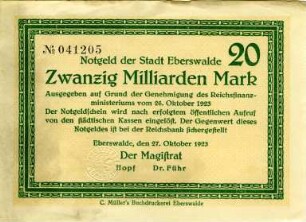 Eberswalde, Stadt: 20 Milliarden Mark 1923