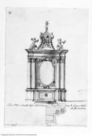 Stegreifprobe - Altar mit vier korinthischen Säulen, Grundrissdetail und Aufriss