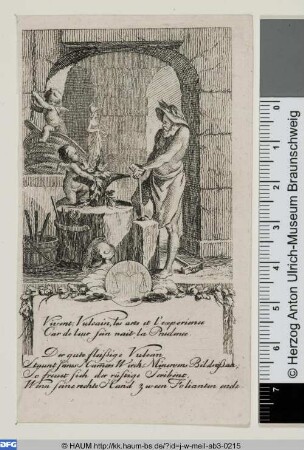 Kalenderblatt mit dem Sternzeichen Waage im Medaillon und dem Vulcan in seiner Schmiede