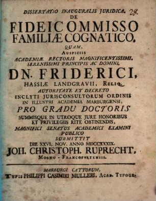 Dissertatio Inauguralis Juridica, De Fideicommisso Familiae Cognatico