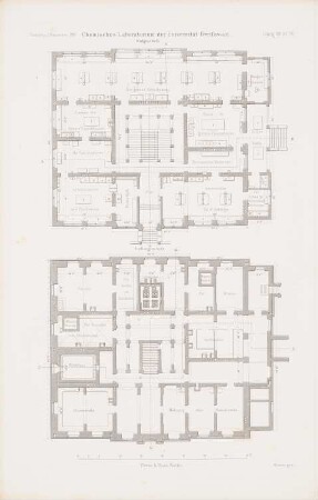 Universität Greifswald Chemisches Institut: Grundriss Keller, EG (aus: Atlas zur Zeitschrift für Bauwesen, hrsg. v. G. Erbkam, Jg. 14, 1864)