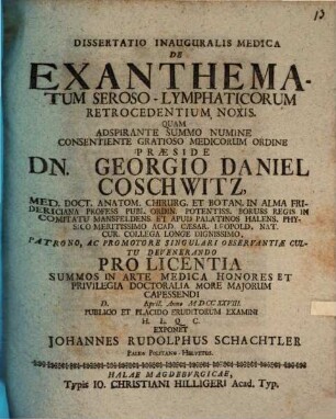 Diss. inaug. med. de exanthematum seroso-lymphaticorum retrocedentium noxis