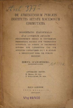 De Atheniensium Pvblicis Institutis Aetate Macedonum Commutatis : dissertatio inauguralis