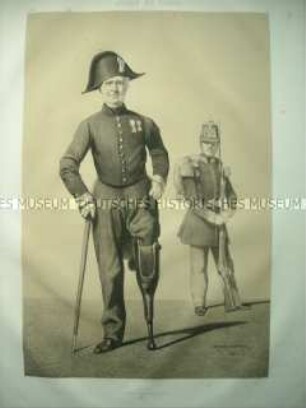 Uniformdarstellung, Invalide und Unteroffizier des Veteranen-Korps, Frankreich, 1859. Tafel 54 im Buch: Armand-Dumaresq: Uniformes de l'Armée Française.