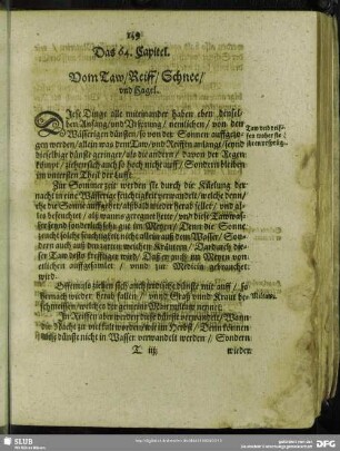 Das 64. Capitel. Vom Taw, Reiff, Schnee, und Hagel