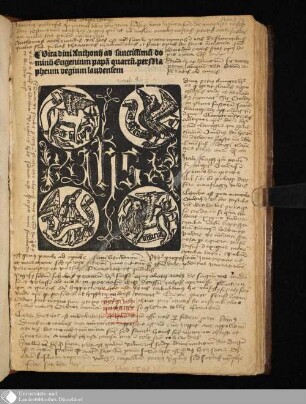 Vita diui Anthonii ad sanctissimu[m] do||minu[m] Eugenium papa[m] quartu[m]. per Ma||pheum vegium laudensem