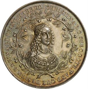 Medaille von Sebastian Dadler auf die schwedische Königin Christina als Friedensstifterin, 1647