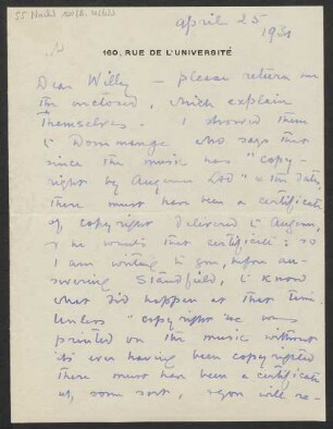 Brief an Willy Strecker und B. Schott's Söhne : 25.04.1931