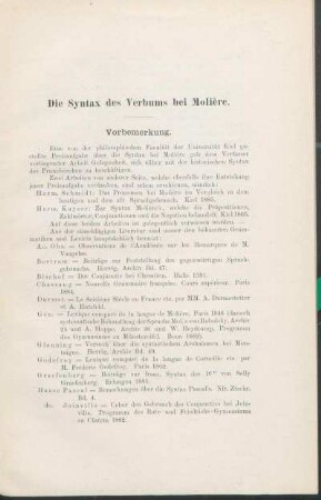 Die Syntax des Verbums bei Molière. Vorbemerkung.